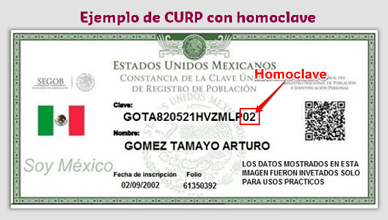 ejemplo de CURP con Homoclave
